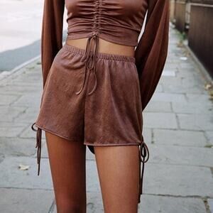 Zara Satin Effect Tied Shorts with Bow Pull On Boxing Silky Short in Brown